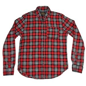 Scotch & Soda Mens Large Red Gray Plaid Flannel Button Down Shirt L Long Sleeve